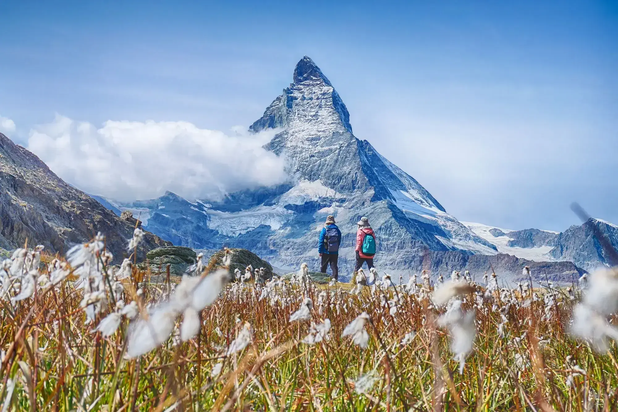 Hikers in a meadow beneath the Matterhorn, Zermatt